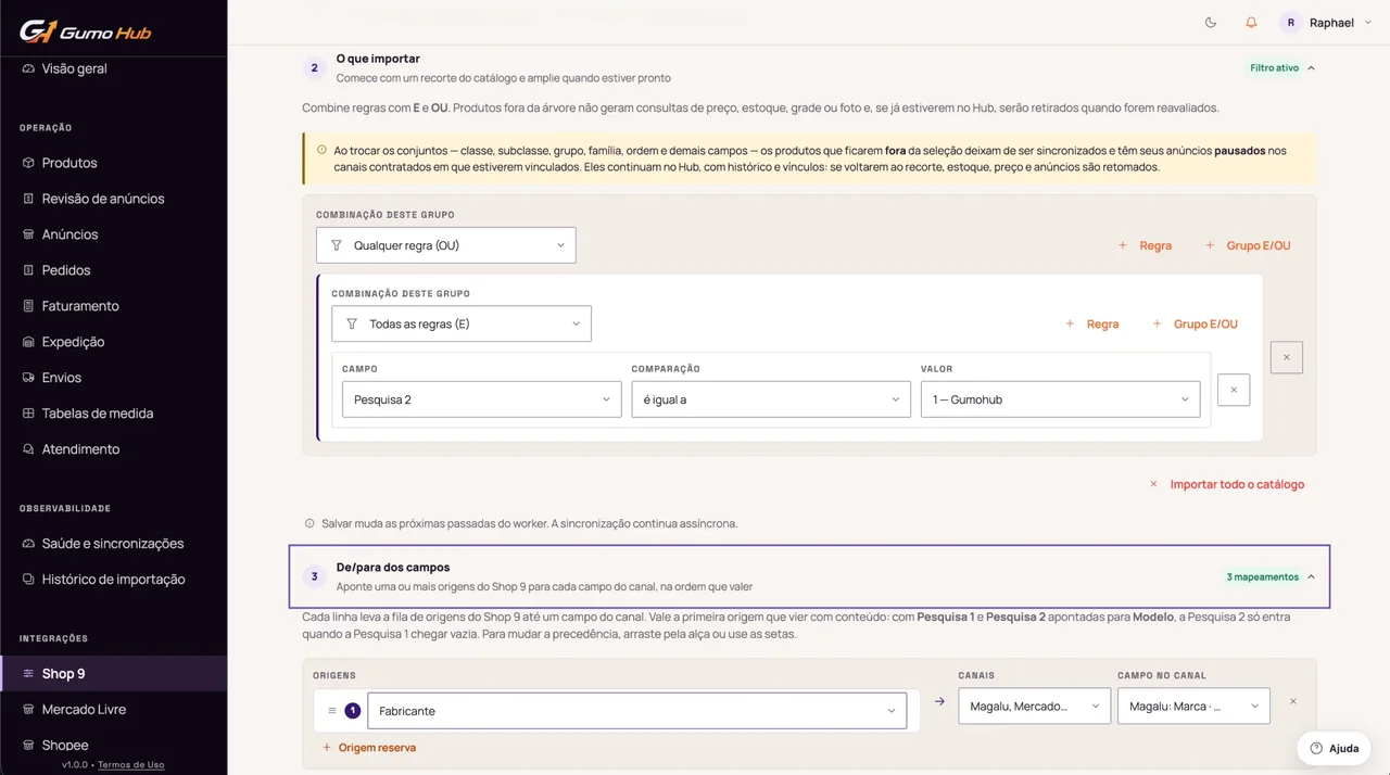 Integração Shop 9 no Gumo Hub: regras E/OU para escolher o que exportar para os marketplaces e de/para dos campos de cada canal